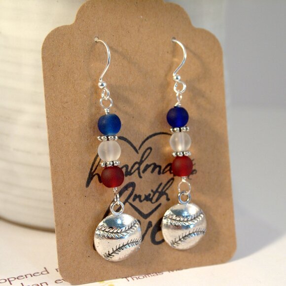 Baseball Earrings Red White Blue Earrings Sea Glass Dangle Pierced Earrings - Picture 1 of 9